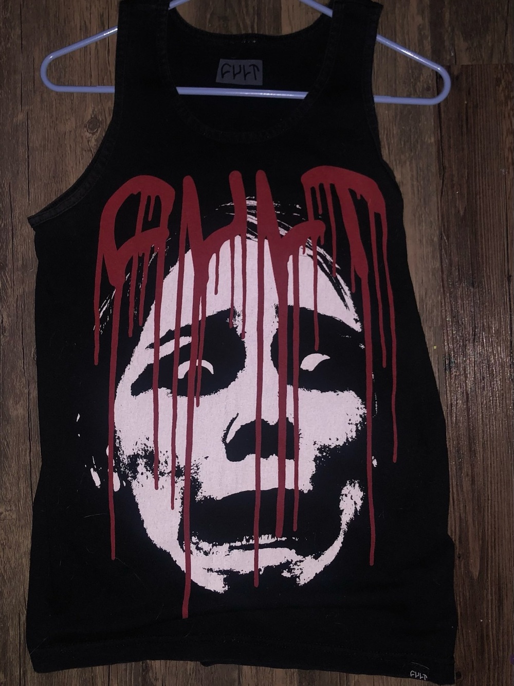Black horror Graphic Tank Top with Red Drip Face Print..